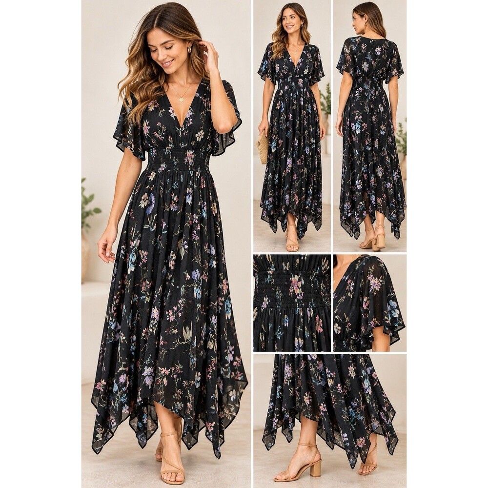 Tolani 100% Cupro Floral Maxi Dress M Black Smocked Waist Boho Flutter Sleeve